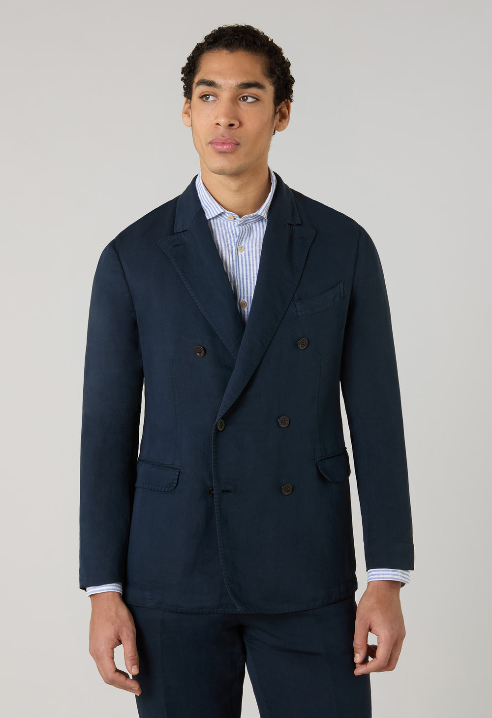 Abito Dover doppiopetto in cotone e lino satin tinto in capo blu