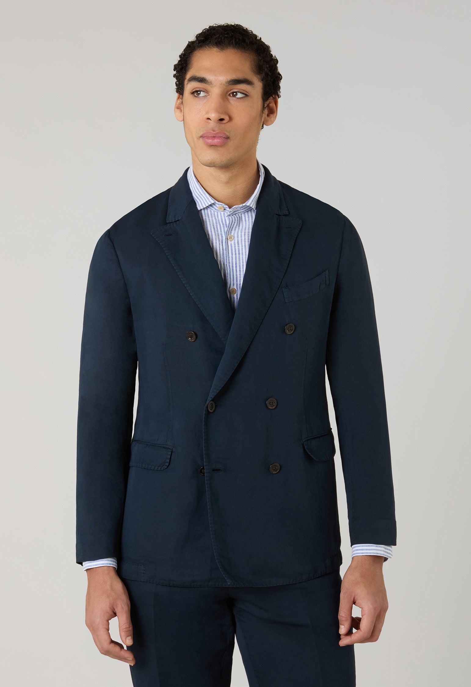 Abito Dover doppiopetto in cotone e lino satin tinto in capo blu