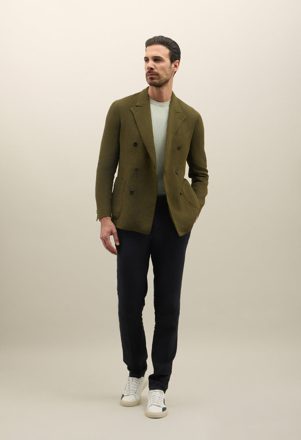 Green Garment Dyed Linen Double-Breasted Dover Jacket