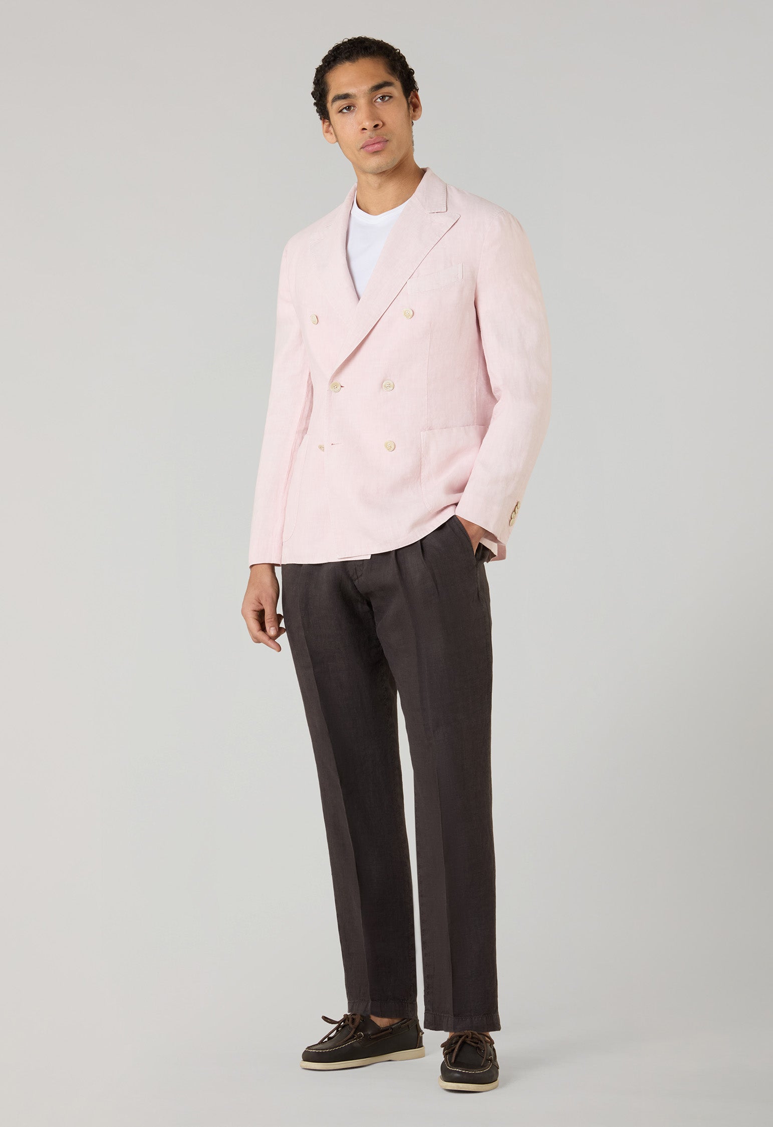 Pastel Pink Garment Dyed Linen Double-Breasted Dover Jacket